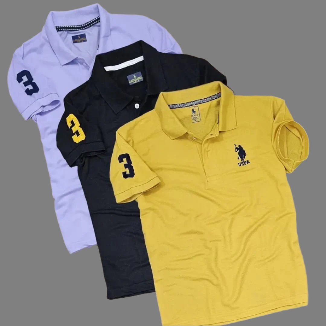 Solid Polo Matty Elegance in 3 Colors T-Shirts  Pack of 3 for Mens
Size:M, L, XL, XXL available in 4 sizes
Color: Unique combination of 3 colors hence Multicoloured
Fabric:Premium Cotton Blend with nice texure
Durability:Long durability with light weight and sturdy
 Type:Polos unique brand
 Style:Solid , it's solidness indicate longuity
 Design Type:Polos T-Shirt
 Sleeve Length:Short Sleeves suits to the shoulders of strong men.
Experience ultimate comfort and style with our Soli